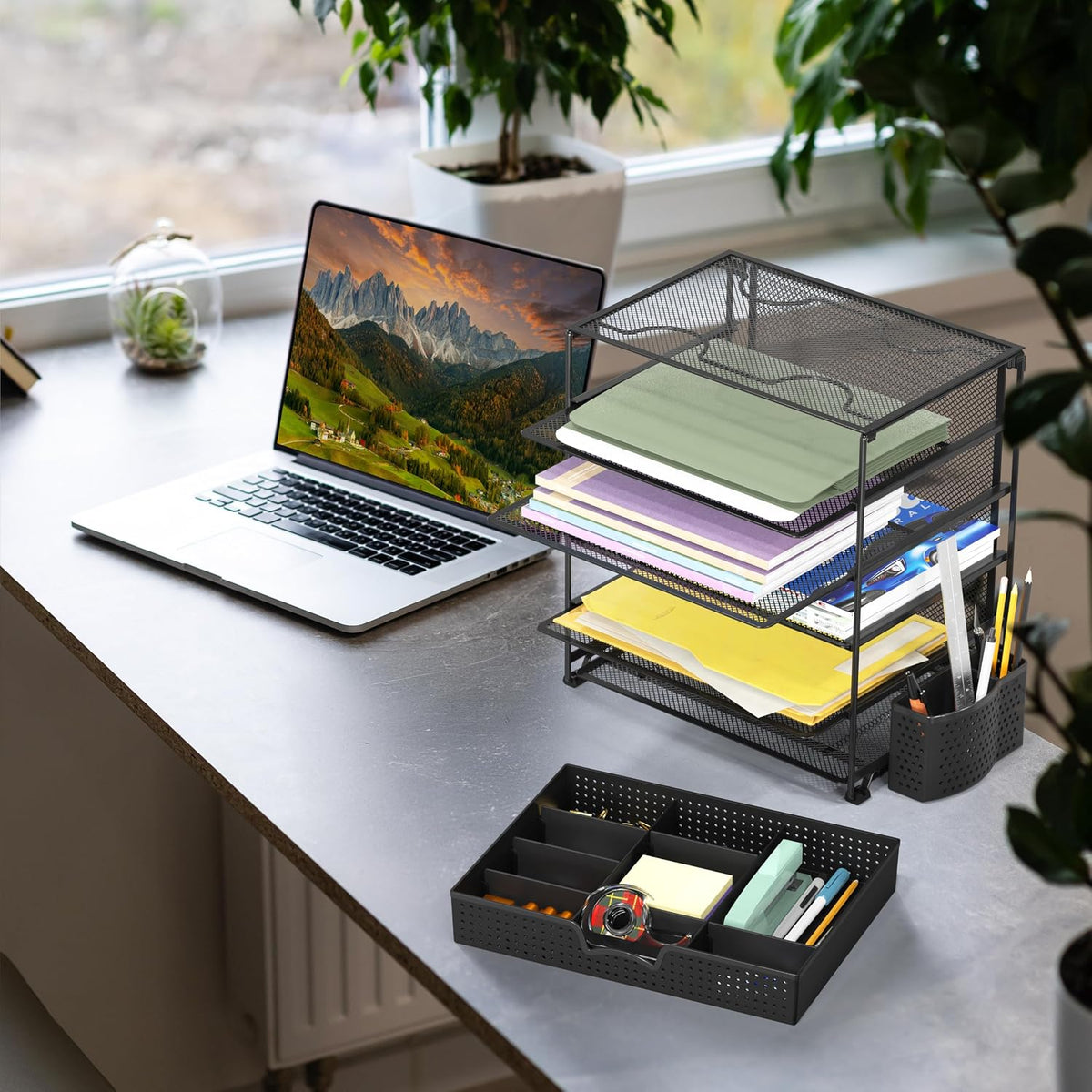 5-Tier Desk File Organizer w/Drawer & Pen Holder, Black