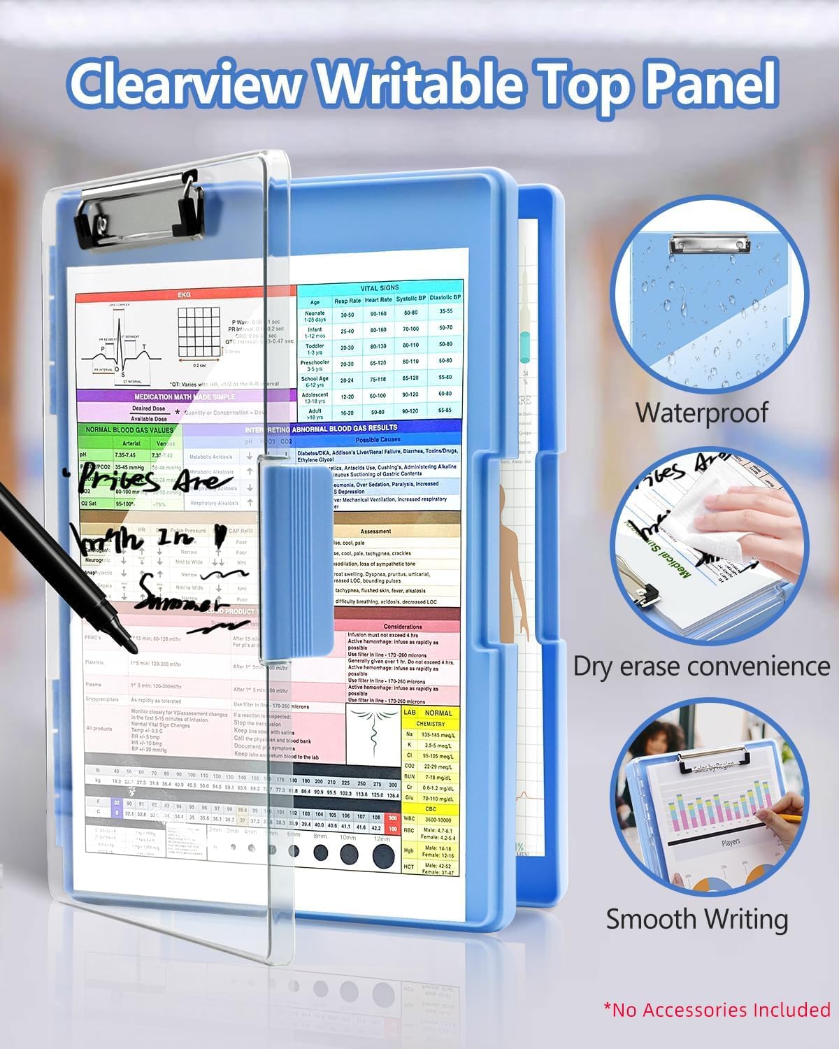 Clipboard with Storage, Nurse Dry Erase Clip Board, 8.5x11, Aqua Blue