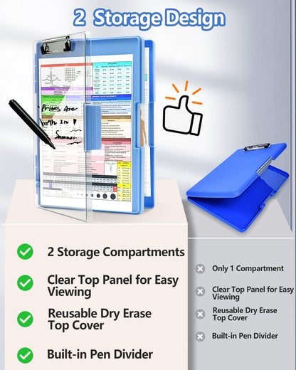Clipboard with Storage, Nurse Dry Erase Clip Board, 8.5x11, Aqua Blue