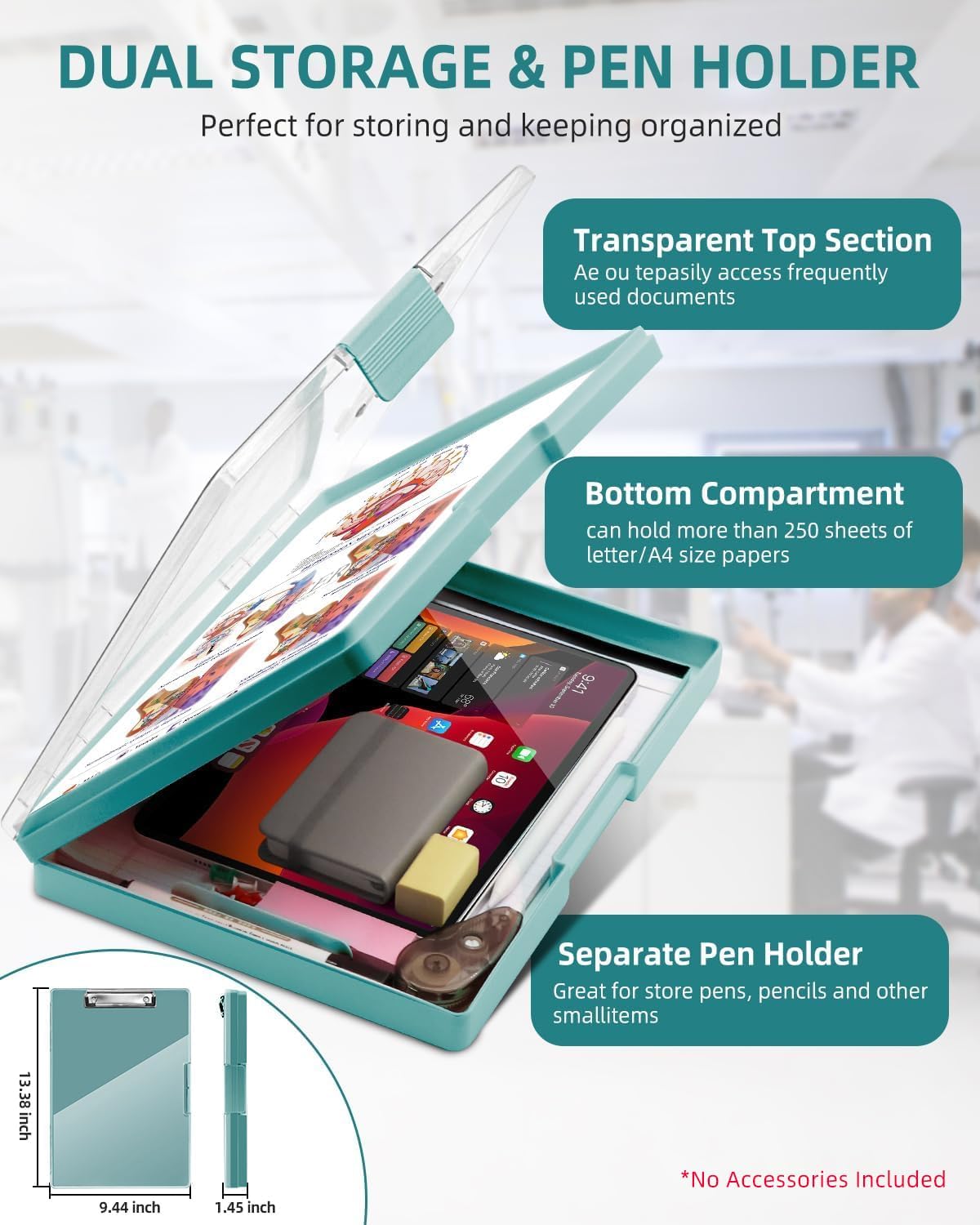 Clipboard with Storage, Nurse Dry Erase Clip Board, 8.5x11, Aqua Blue