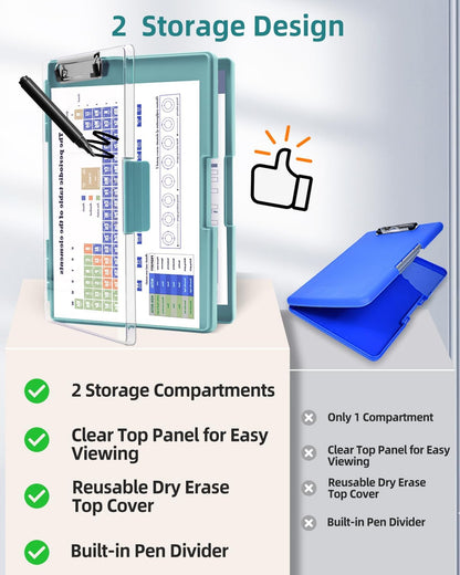 Clipboard with Storage, Nurse Dry Erase Clip Board, 8.5x11, Aqua Blue
