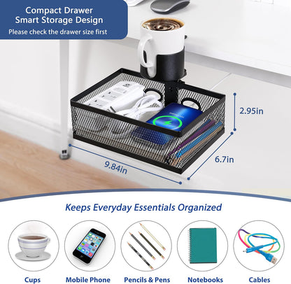 360 Rotating Under Desk Drawer Organizer with Cup Holder Clamp On Desk Drawer No Drilling Swivel Desk Tray Anti-Slip Small Pencil Drawer Under Desk Storage Easy Install for Home Office