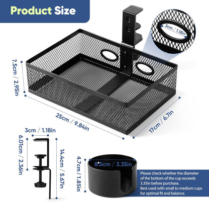 360 Rotating Under Desk Drawer Organizer with Cup Holder Clamp On Desk Drawer No Drilling Swivel Desk Tray Anti-Slip Small Pencil Drawer Under Desk Storage Easy Install for Home Office