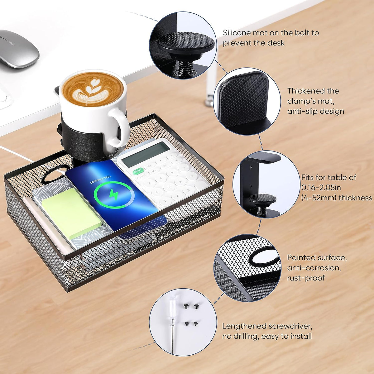 360 Rotating Under Desk Drawer Organizer with Cup Holder Clamp On Desk Drawer No Drilling Swivel Desk Tray Anti-Slip Small Pencil Drawer Under Desk Storage Easy Install for Home Office