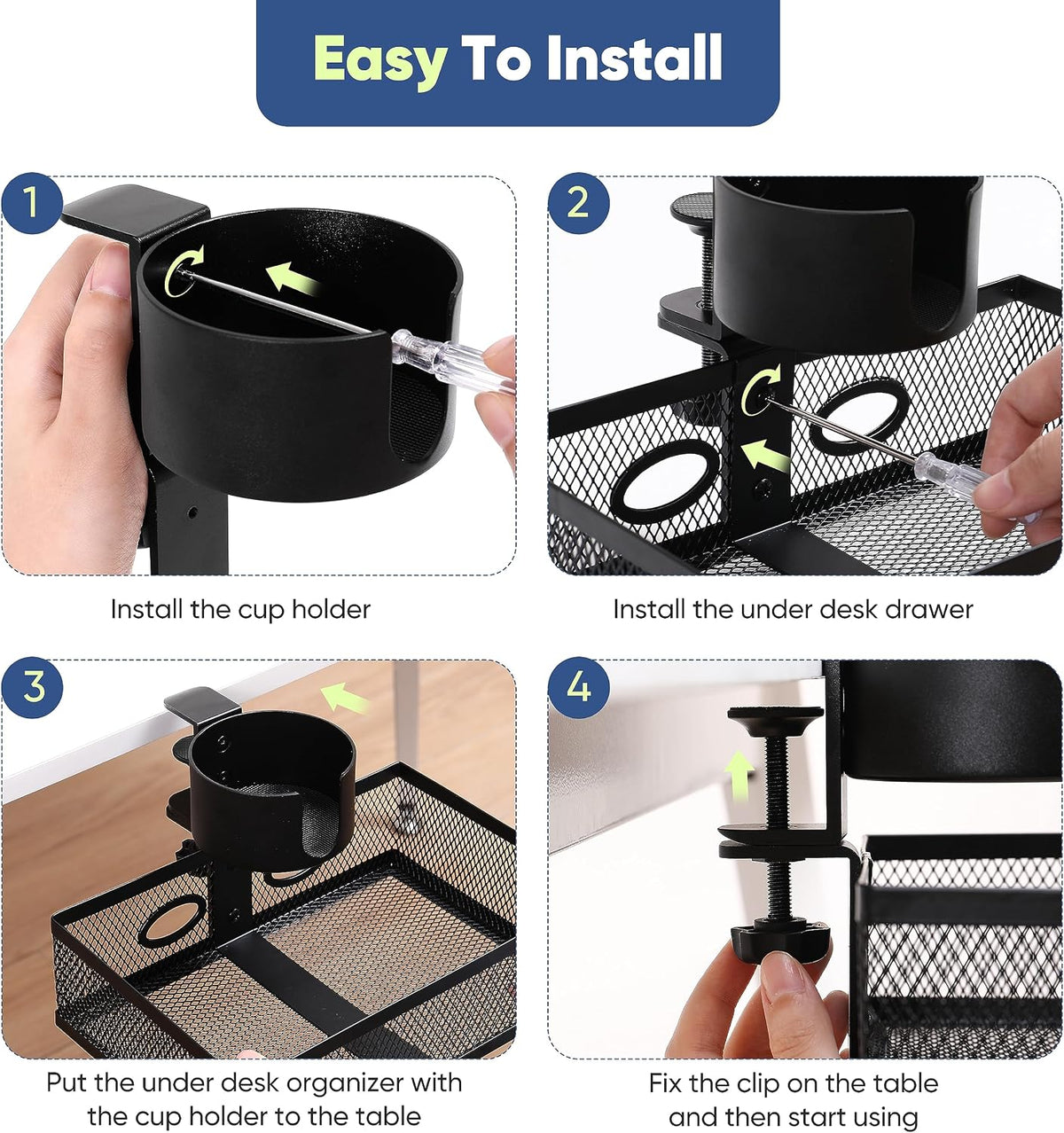 360 Rotating Under Desk Drawer Organizer with Cup Holder Clamp On Desk Drawer No Drilling Swivel Desk Tray Anti-Slip Small Pencil Drawer Under Desk Storage Easy Install for Home Office
