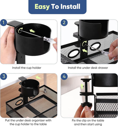 360 Rotating Under Desk Drawer Organizer with Cup Holder Clamp On Desk Drawer No Drilling Swivel Desk Tray Anti-Slip Small Pencil Drawer Under Desk Storage Easy Install for Home Office