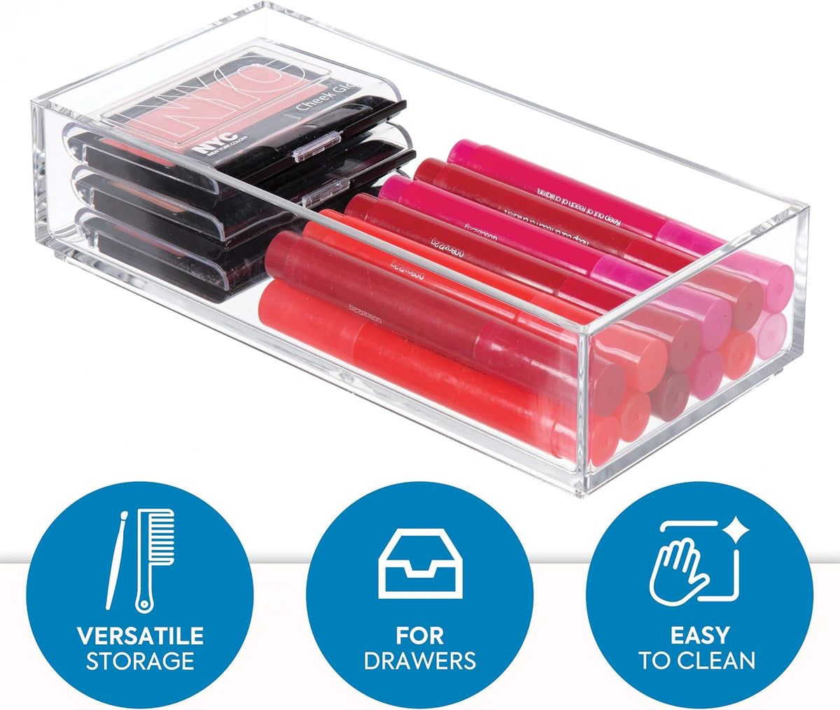 Clarity Plastic Drawer Organizer for Vanity, Countertop, Bathroom, Kitchen and Cabinet Storage, 8" x 4" x 2", Clear