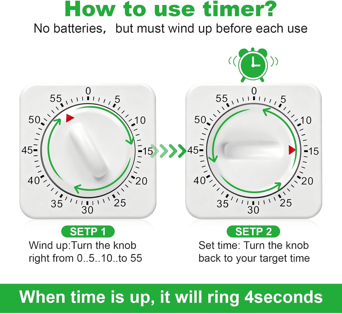 60 Minute Mechanical Kitchen Timer - Visual Wind Up Timer Clock with Loud Alarm - No Batteries Required-Magnetic Backing, Timer for Classroom, Home, Study and Cooking (White)