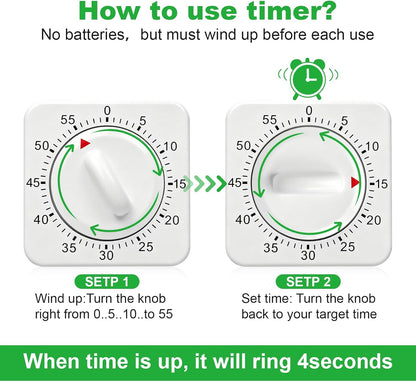 60 Minute Mechanical Kitchen Timer - Visual Wind Up Timer Clock with Loud Alarm - No Batteries Required-Magnetic Backing, Timer for Classroom, Home, Study and Cooking (White)