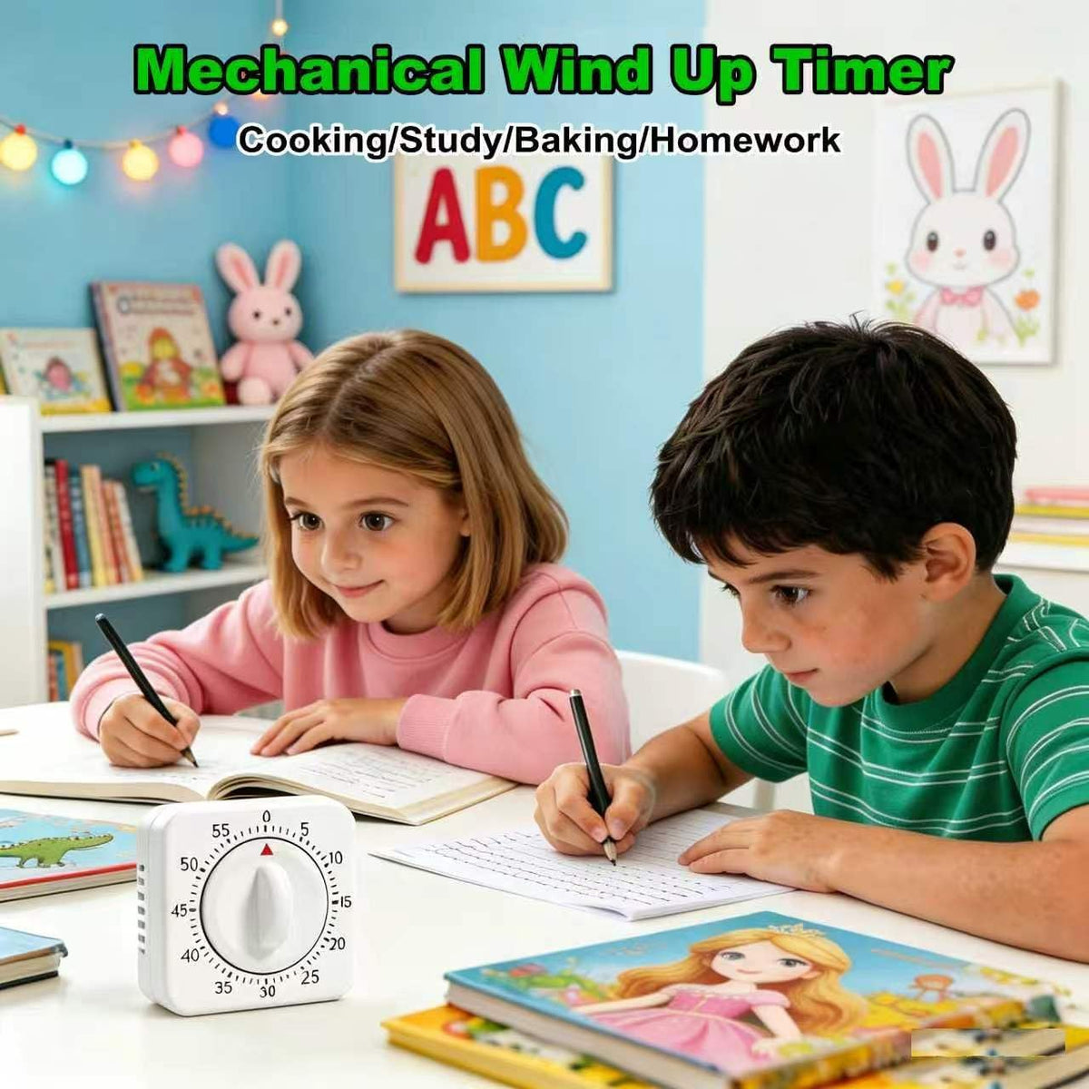 60 Minute Mechanical Kitchen Timer - Visual Wind Up Timer Clock with Loud Alarm - No Batteries Required-Magnetic Backing, Timer for Classroom, Home, Study and Cooking (White)