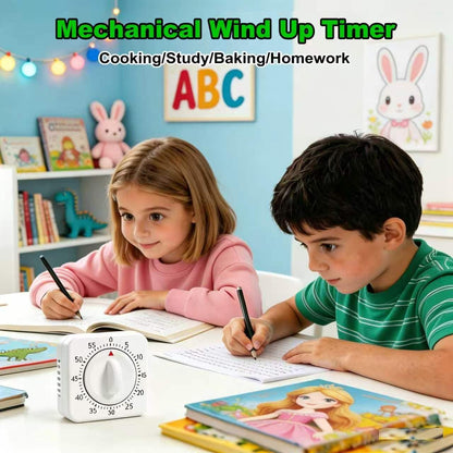 60 Minute Mechanical Kitchen Timer - Visual Wind Up Timer Clock with Loud Alarm - No Batteries Required-Magnetic Backing, Timer for Classroom, Home, Study and Cooking (White)
