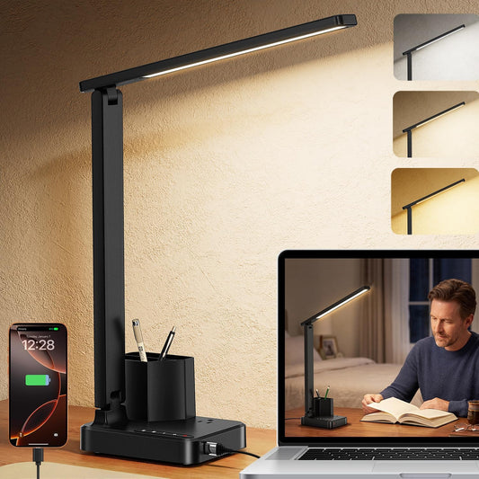 LED Desk Lamp USB A/C AC Pen Holder Dorm Home Office Desk Light Black
