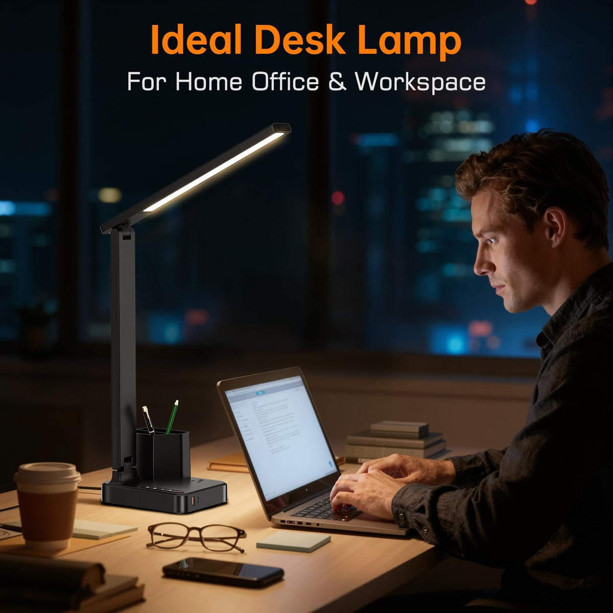 LED Desk Lamp USB A/C AC Pen Holder Dorm Home Office Desk Light Black