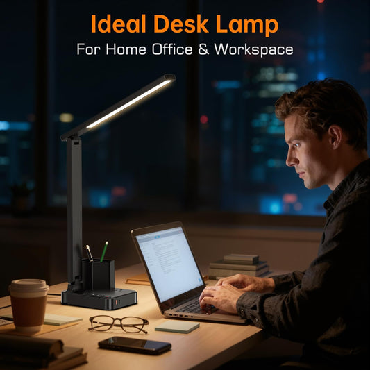 LED Desk Lamp USB A/C AC Pen Holder Dorm Home Office Desk Light Black