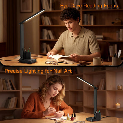 LED Desk Lamp USB A/C AC Pen Holder Dorm Home Office Desk Light Black