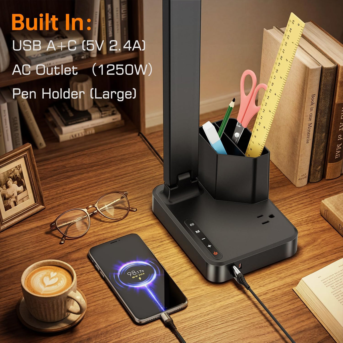 LED Desk Lamp USB A/C AC Pen Holder Dorm Home Office Desk Light Black