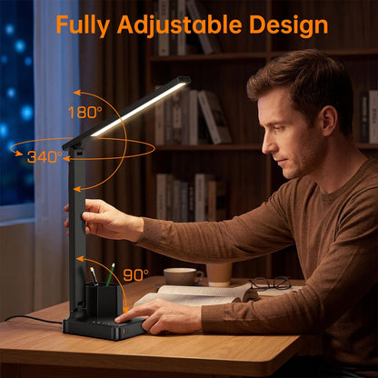 LED Desk Lamp USB A/C AC Pen Holder Dorm Home Office Desk Light Black
