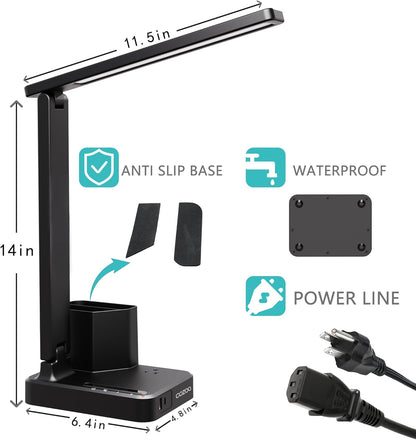 LED Desk Lamp USB A/C AC Pen Holder Dorm Home Office Desk Light Black