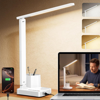 LED Desk Lamp USB A/C AC Pen Holder Dorm Home Office Desk Light Black