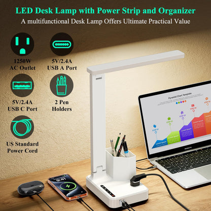 LED Desk Lamp USB A/C AC Pen Holder Dorm Home Office Desk Light Black