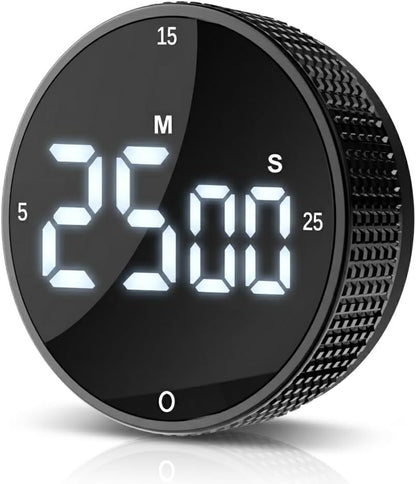 Digital Kitchen Timer - Magnetic Countdown Count Up Clock with Large LED Display, 5/15/25 Min Presets, 3 Volume Levels, Rotary Dial for Cooking, Productivity, Classroom, Fitness (1, Black)