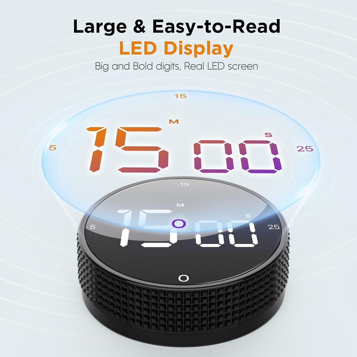 Digital Kitchen Timer - Magnetic Countdown Count Up Clock with Large LED Display, 5/15/25 Min Presets, 3 Volume Levels, Rotary Dial for Cooking, Productivity, Classroom, Fitness (1, Black)