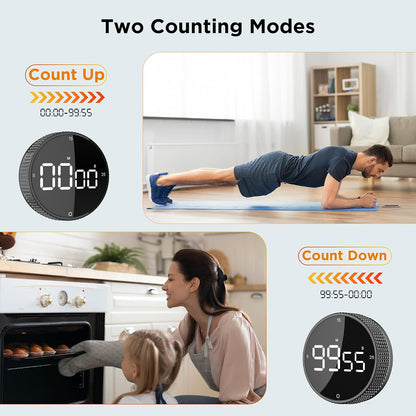Digital Kitchen Timer - Magnetic Countdown Count Up Clock with Large LED Display, 5/15/25 Min Presets, 3 Volume Levels, Rotary Dial for Cooking, Productivity, Classroom, Fitness (1, Black)
