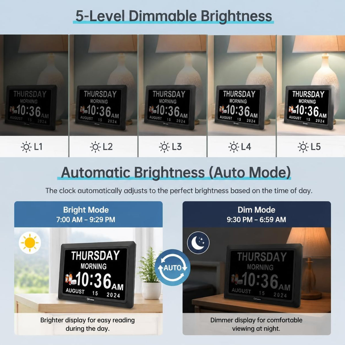 Dementia Clocks for Seniors, 7” Digital Date Clock Large Display