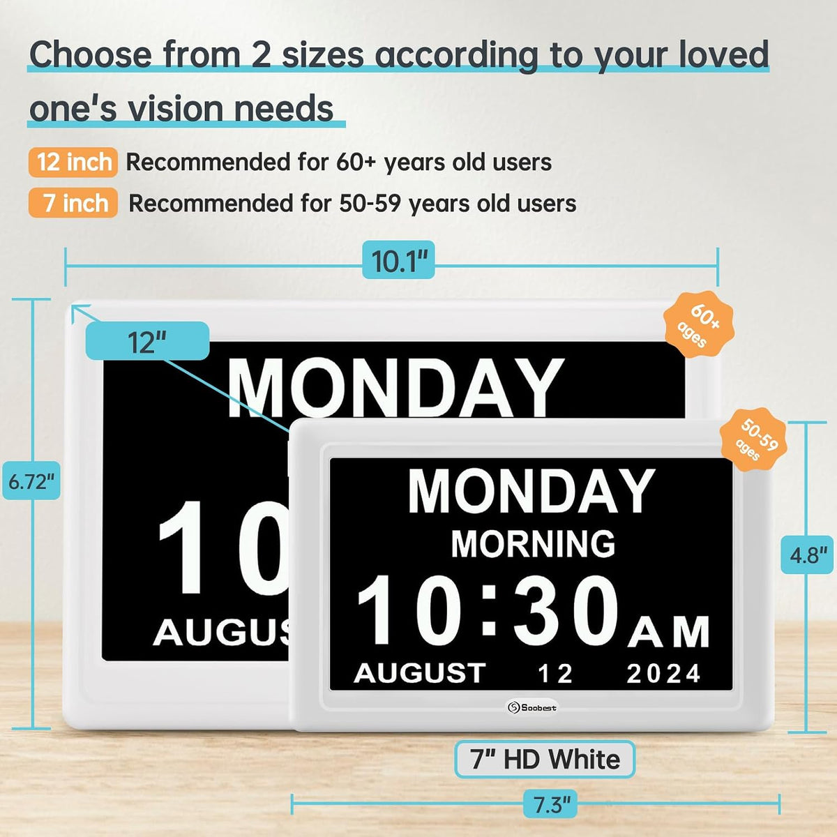 Dementia Clocks for Seniors, 7” Digital Date Clock Large Display