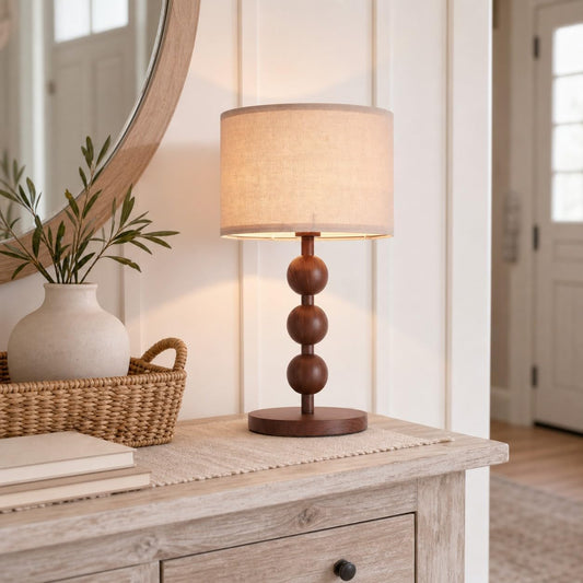 20" Vintage Farmhouse Stacked Ball Red Wood Pattern Table Lamp Desk Lamp