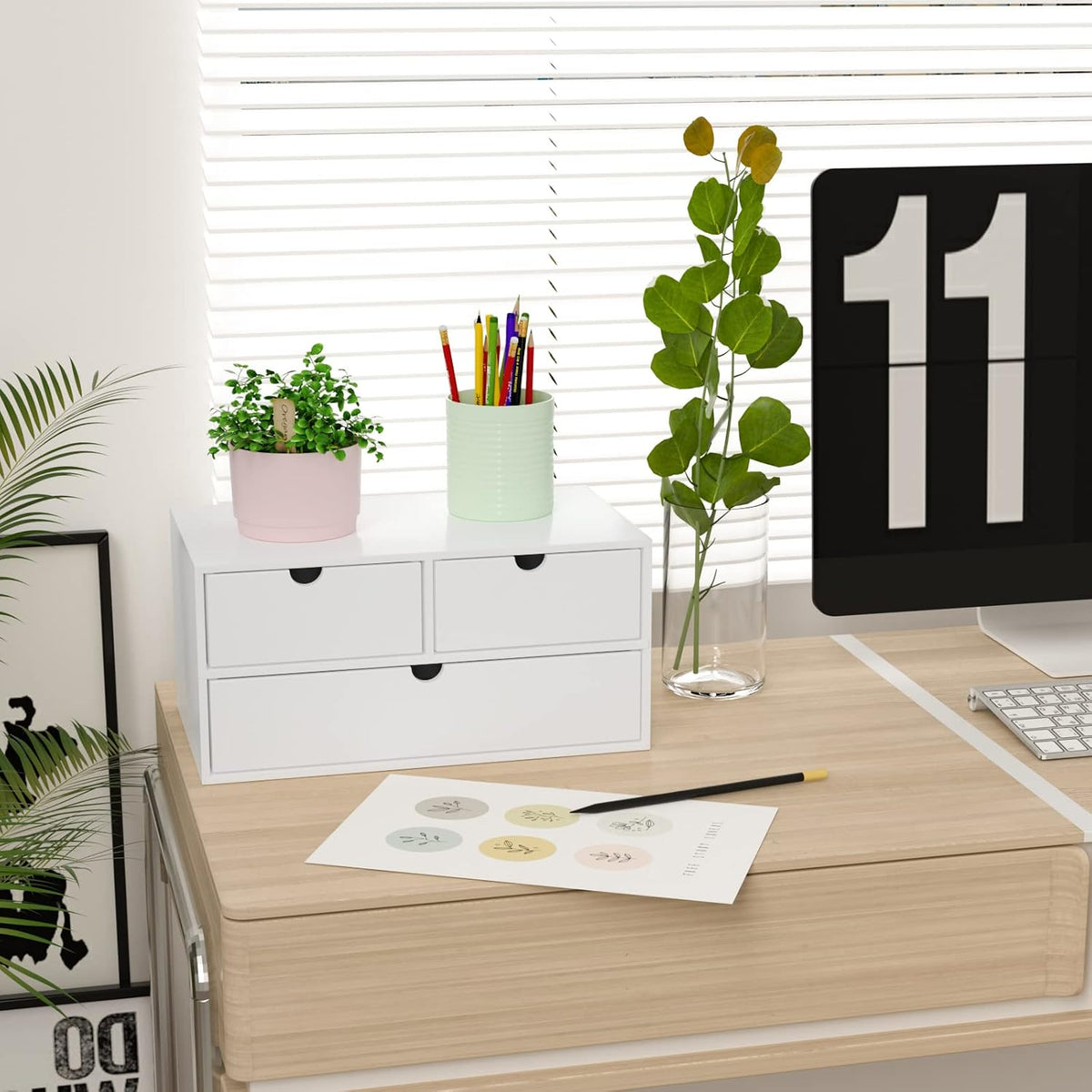 Bamboo Desk Organizer wtih Drawers Mini Desktop Drawer Tabletop Storage