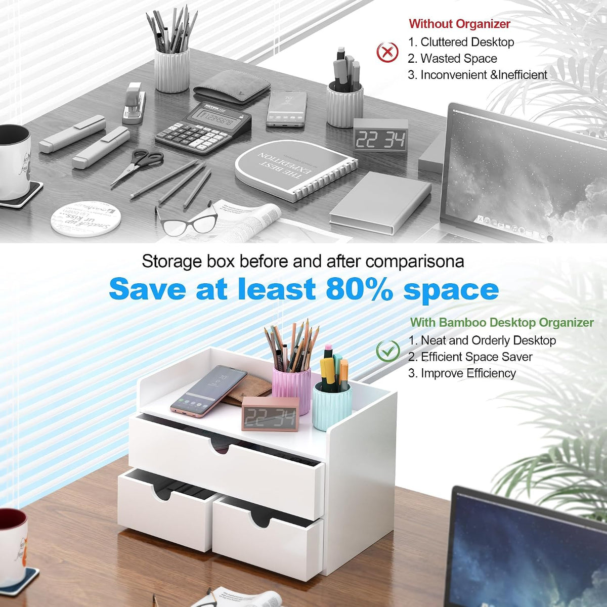 Bamboo Desk Organizer wtih Drawers Mini Desktop Drawer Tabletop Storage