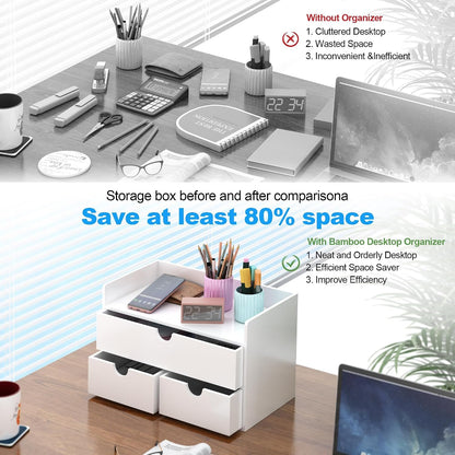 Bamboo Desk Organizer wtih Drawers Mini Desktop Drawer Tabletop Storage