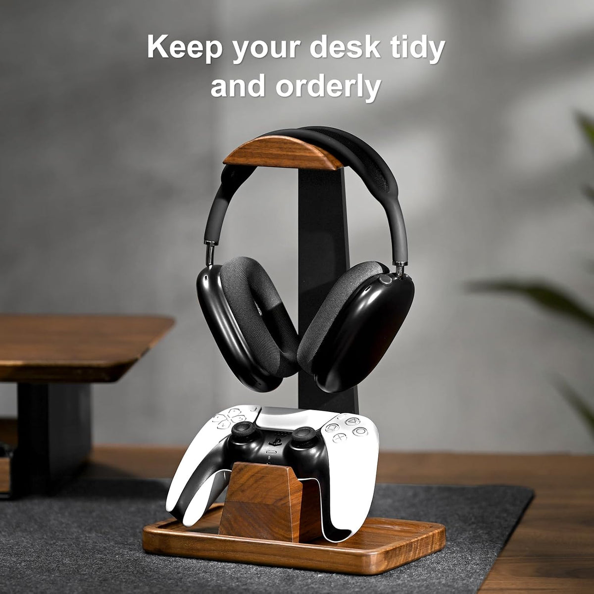 Walnut Headphone Stand with Controller Holder & Storage Base