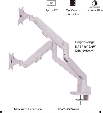 PS1D Wave Pink Dual Monitor Arm Stand Desk Mount - Fits up to 32 inches Monitors and up to 19.8lbs. VESA Compatibility and Integrated Cable Management