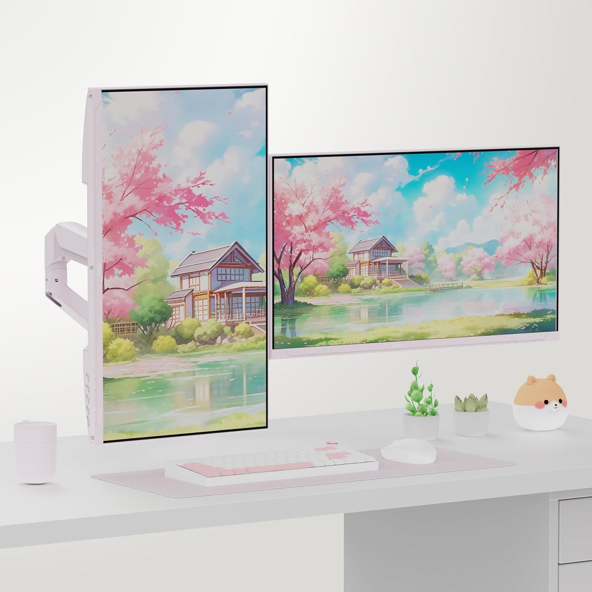PS1D Wave Pink Dual Monitor Arm Stand Desk Mount - Fits up to 32 inches Monitors and up to 19.8lbs. VESA Compatibility and Integrated Cable Management