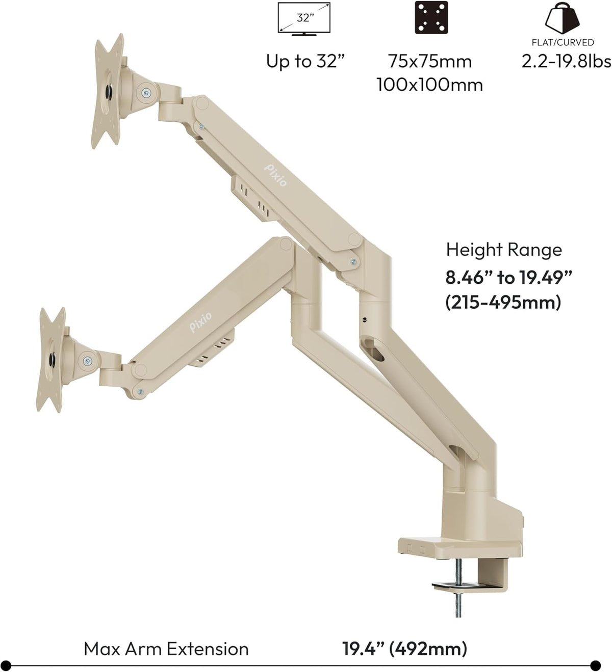 PS1D Wave Pink Dual Monitor Arm Stand Desk Mount - Fits up to 32 inches Monitors and up to 19.8lbs. VESA Compatibility and Integrated Cable Management