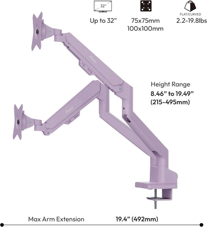 PS1D Wave Pink Dual Monitor Arm Stand Desk Mount - Fits up to 32 inches Monitors and up to 19.8lbs. VESA Compatibility and Integrated Cable Management