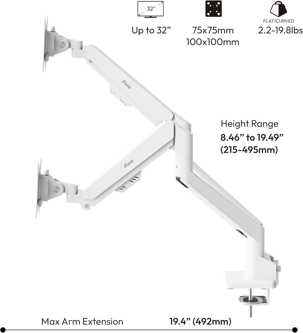 PS1D Wave Pink Dual Monitor Arm Stand Desk Mount - Fits up to 32 inches Monitors and up to 19.8lbs. VESA Compatibility and Integrated Cable Management