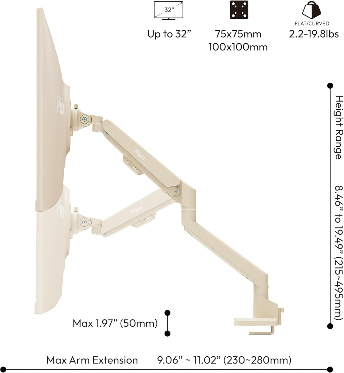 PS1D Wave Pink Dual Monitor Arm Stand Desk Mount - Fits up to 32 inches Monitors and up to 19.8lbs. VESA Compatibility and Integrated Cable Management