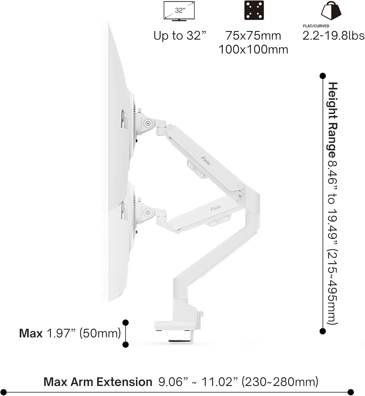 PS1D Wave Pink Dual Monitor Arm Stand Desk Mount - Fits up to 32 inches Monitors and up to 19.8lbs. VESA Compatibility and Integrated Cable Management