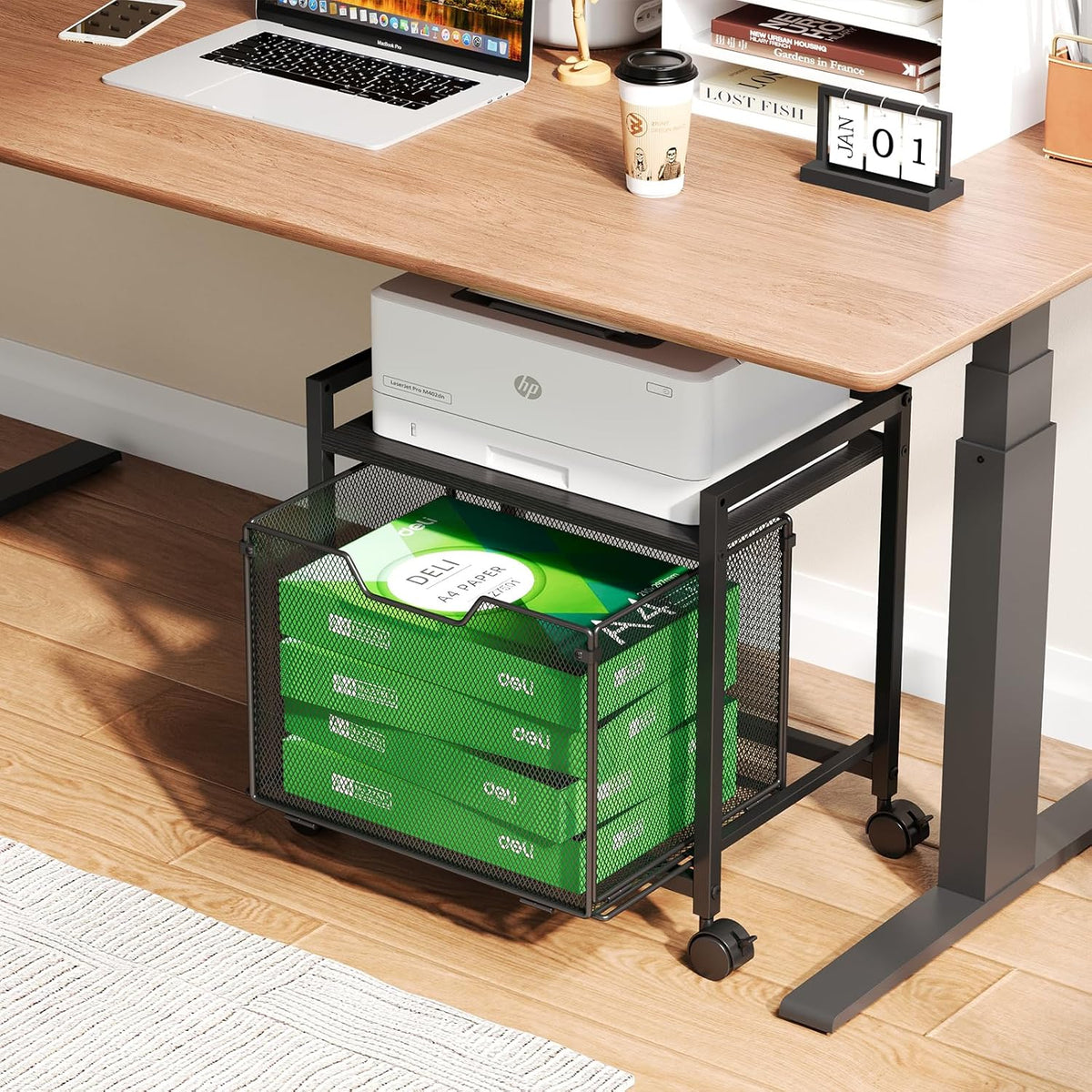 Under Desk Storage, Printer Stand with Drawer, Rolling File Cabinet with Adjustable Table Top, 2 Tier Industrial Shelf on Fixed Feet Wheels, Sofa Side Table Organizer for Home, Office, Black