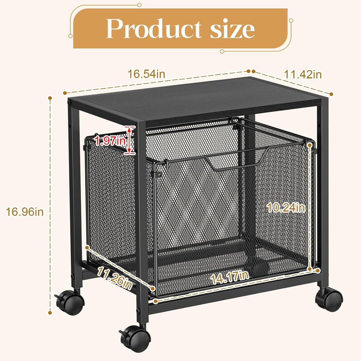 Under Desk Storage, Printer Stand with Drawer, Rolling File Cabinet with Adjustable Table Top, 2 Tier Industrial Shelf on Fixed Feet Wheels, Sofa Side Table Organizer for Home, Office, Black