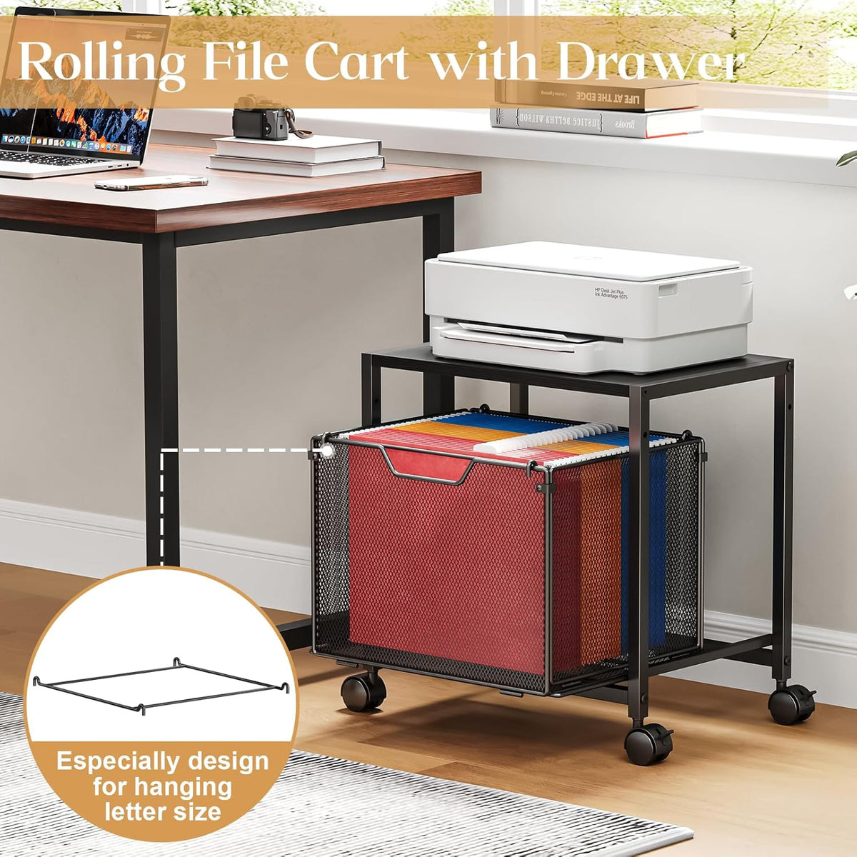 Under Desk Storage, Printer Stand with Drawer, Rolling File Cabinet with Adjustable Table Top, 2 Tier Industrial Shelf on Fixed Feet Wheels, Sofa Side Table Organizer for Home, Office, Black