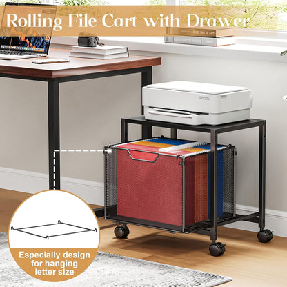 Under Desk Storage, Printer Stand with Drawer, Rolling File Cabinet with Adjustable Table Top, 2 Tier Industrial Shelf on Fixed Feet Wheels, Sofa Side Table Organizer for Home, Office, Black