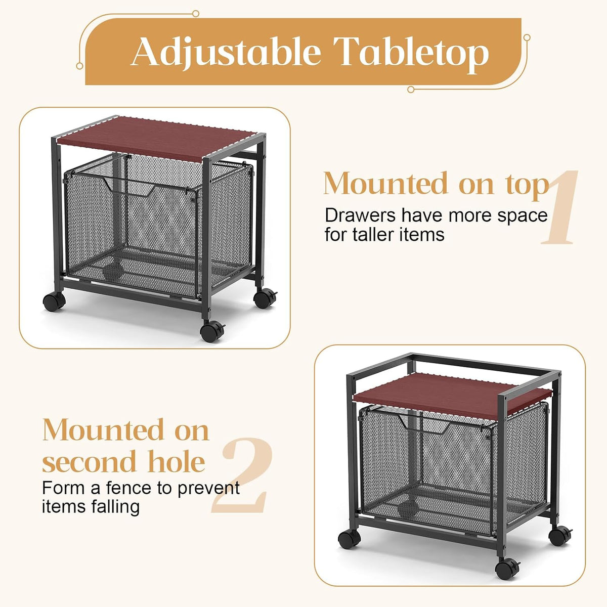 Under Desk Storage, Printer Stand with Drawer, Rolling File Cabinet with Adjustable Table Top, 2 Tier Industrial Shelf on Fixed Feet Wheels, Sofa Side Table Organizer for Home, Office, Black