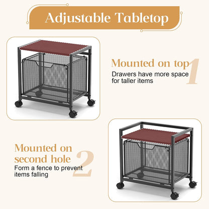 Under Desk Storage, Printer Stand with Drawer, Rolling File Cabinet with Adjustable Table Top, 2 Tier Industrial Shelf on Fixed Feet Wheels, Sofa Side Table Organizer for Home, Office, Black