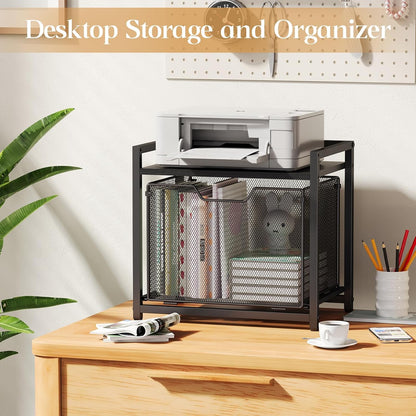 Under Desk Storage, Printer Stand with Drawer, Rolling File Cabinet with Adjustable Table Top, 2 Tier Industrial Shelf on Fixed Feet Wheels, Sofa Side Table Organizer for Home, Office, Black