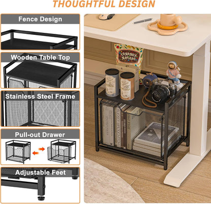 Under Desk Storage, Printer Stand with Drawer, Rolling File Cabinet with Adjustable Table Top, 2 Tier Industrial Shelf on Fixed Feet Wheels, Sofa Side Table Organizer for Home, Office, Black