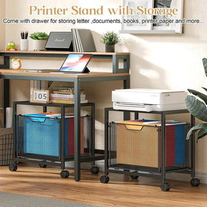 Under Desk Storage, Printer Stand with Drawer, Rolling File Cabinet with Adjustable Table Top, 2 Tier Industrial Shelf on Fixed Feet Wheels, Sofa Side Table Organizer for Home, Office, Black